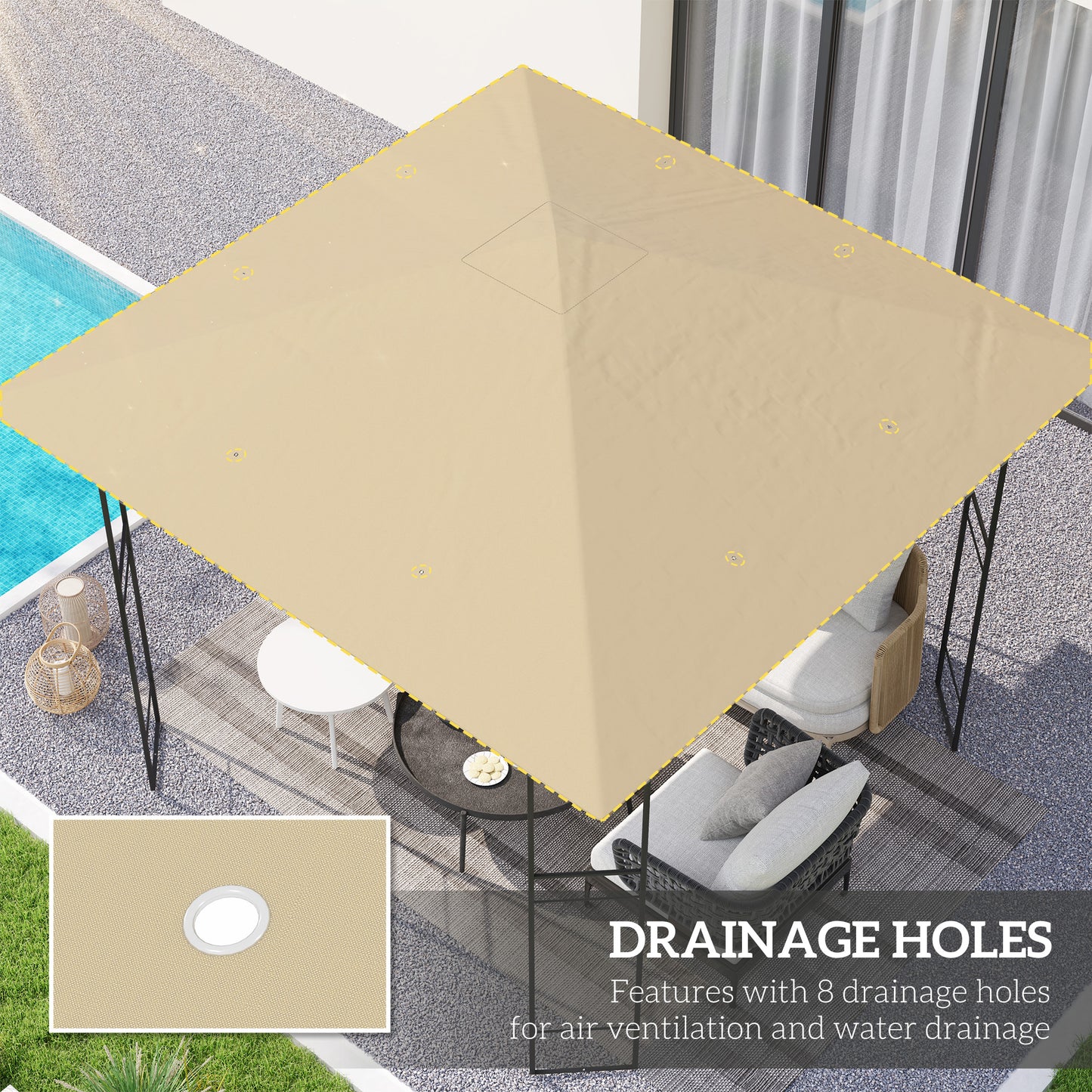 Outsunny 3 x 3(m) Gazebo Canopy Replacement Cover, Garden Gazebo Roof Replacement with Drain Holes, Water Resistant PVC Coating, 370g/㎡, UPF30+, Beige