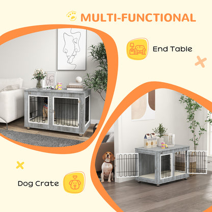 PawHut Dog Crate Furniture Side Table | Washable Cushion | Double Doors | Medium & Large Dogs up to 25kg | 90 x 58 x 65cm | Grey