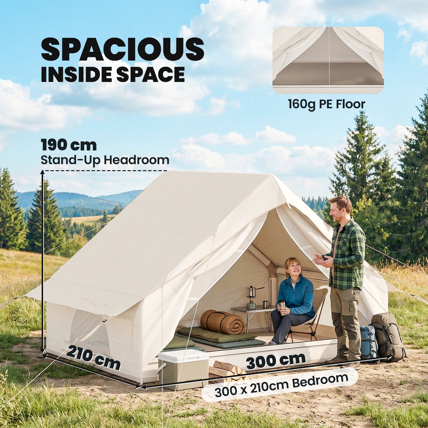 Inflatable Camping Tent | 2-4 Person | 5-Min Setup | Waterproof Oxford | Level 4 Wind | 300x210x190cm | Beige