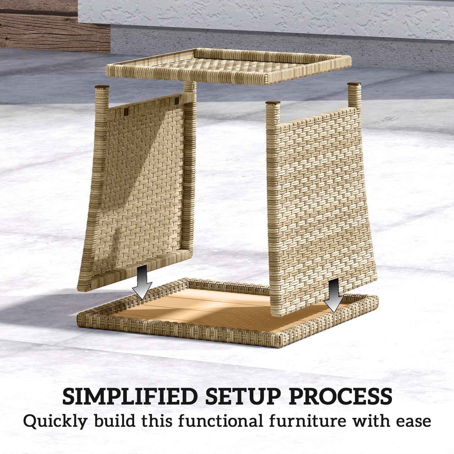 2-Tier Outdoor Rattan Side Table | PS Wood-Plastic Slat Top | PE Wicker | Powder-Coated Frame | UV-Resistant | 50kg | 45x45x43cm | Khaki