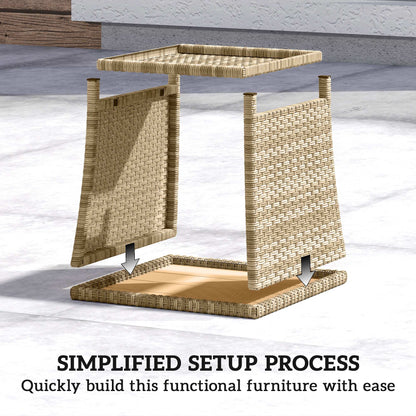 2-Tier Outdoor Rattan Side Table | PS Wood-Plastic Slat Top | PE Wicker | Powder-Coated Frame | UV-Resistant | 50kg | 45x45x43cm | Khaki