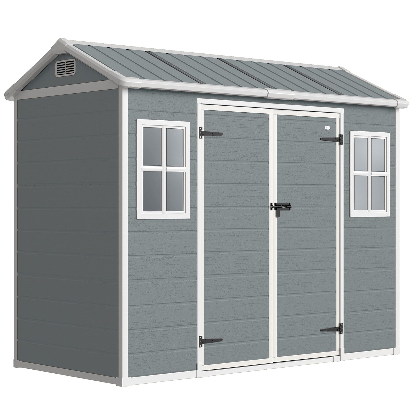 PP & Aluminium Garden Storage Shed | Wood-Grain Texture | Apex Roof | 116cm Double Doors | Lock & Keys | 2 Windows | 2 Vents | UV-Resistant | 40kg/m² Snow Load | 244x131x201cm | 2.77m² | Light Grey