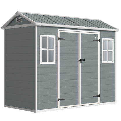 PP & Aluminium Garden Storage Shed | Wood-Grain Texture | Apex Roof | 116cm Double Doors | Lock & Keys | 2 Windows | 2 Vents | UV-Resistant | 40kg/m² Snow Load | 244x131x201cm | 2.77m² | Light Grey