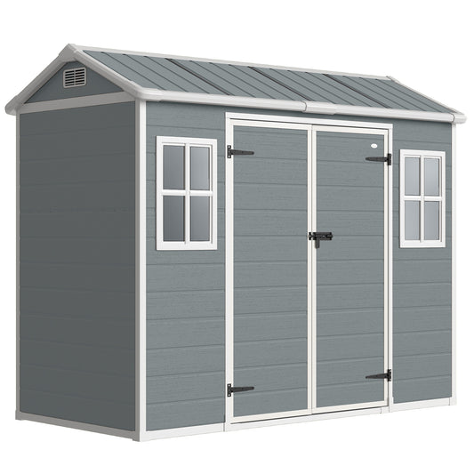 PP & Aluminium Garden Storage Shed | Wood-Grain Texture | Apex Roof | 116cm Double Doors | Lock & Keys | 2 Windows | 2 Vents | UV-Resistant | 40kg/m² Snow Load | 244x131x201cm | 2.77m² | Light Grey