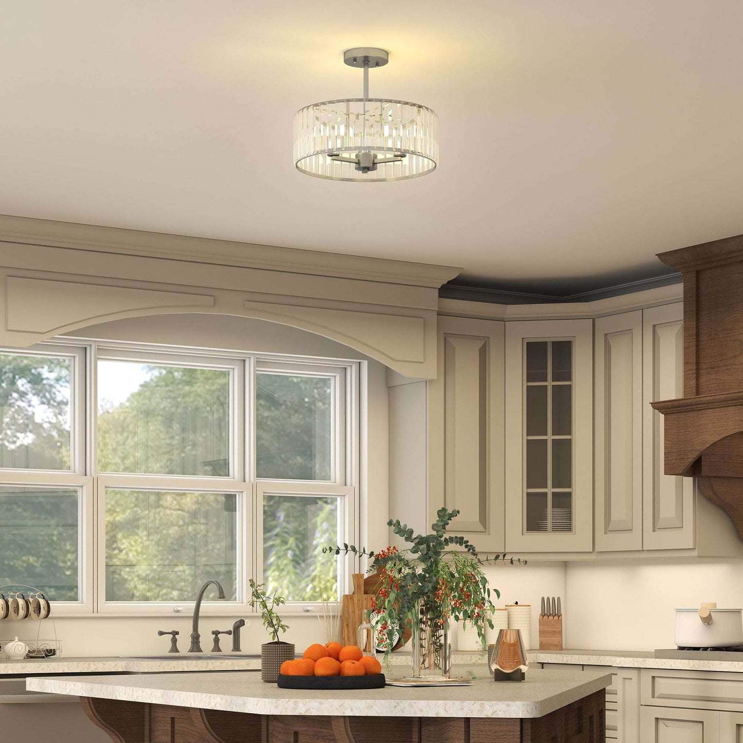 Set of 2 Crystal Ceiling Lights | Semi Flush Mount | 3-Light E14 | Modern Chandelier Style | Metal Frame | Clear Crystal Shade | Φ39x32cm | 40W AC220-240V | Silver Tone