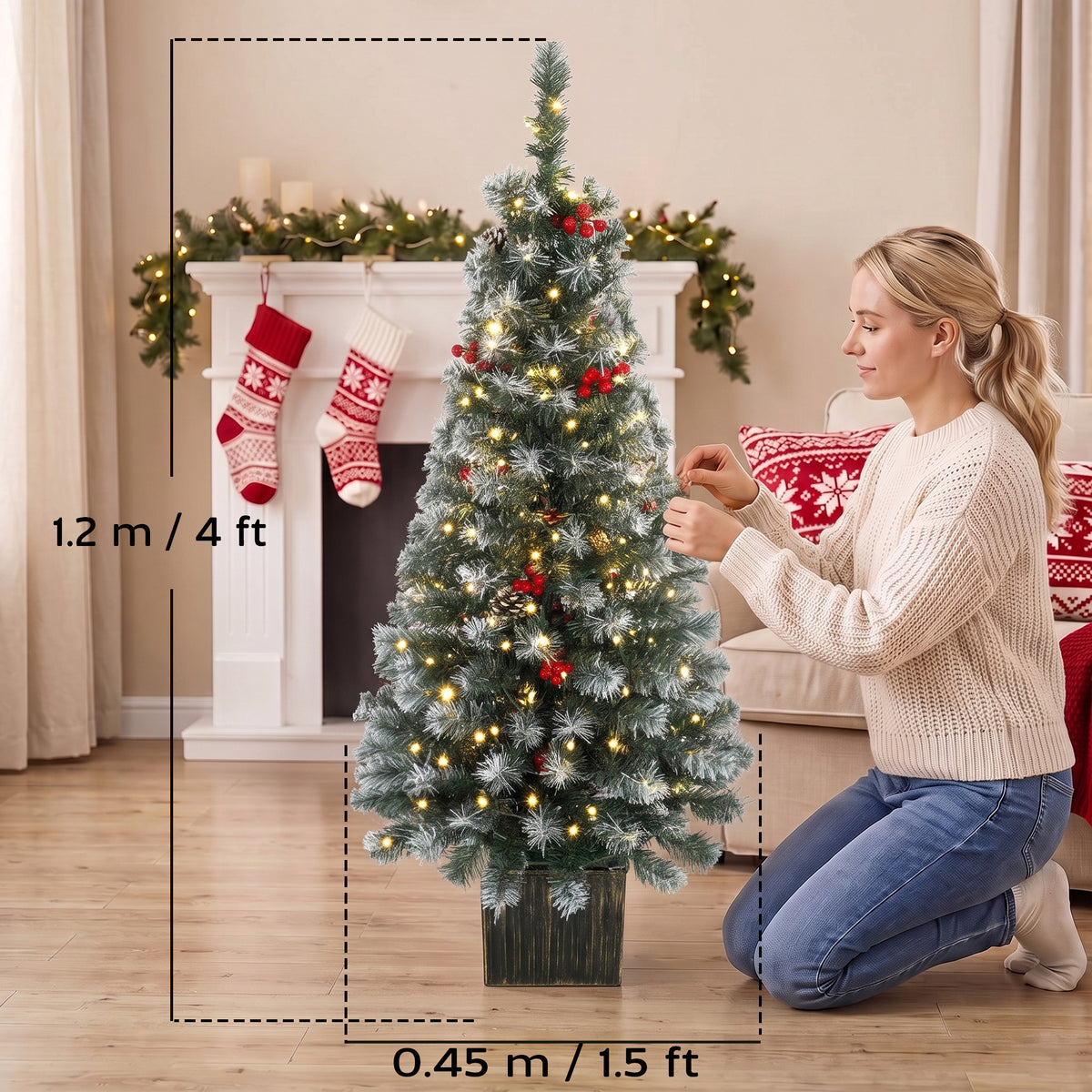 Set of 2 Slim Pre-Lit Christmas Trees | Green Frosted Tips | 120cm 4ft Pencil | 100 LEDs Warm White Multicolour | 11 Modes Remote | 140 Tips Pine Cones Berries | Battery Operated | Pot Base