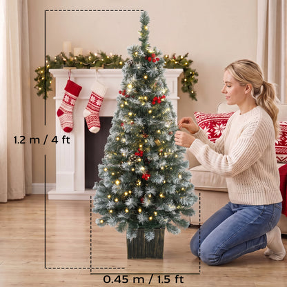 Set of 2 Slim Pre-Lit Christmas Trees | Green Frosted Tips | 120cm 4ft Pencil | 100 LEDs Warm White Multicolour | 11 Modes Remote | 140 Tips Pine Cones Berries | Battery Operated | Pot Base