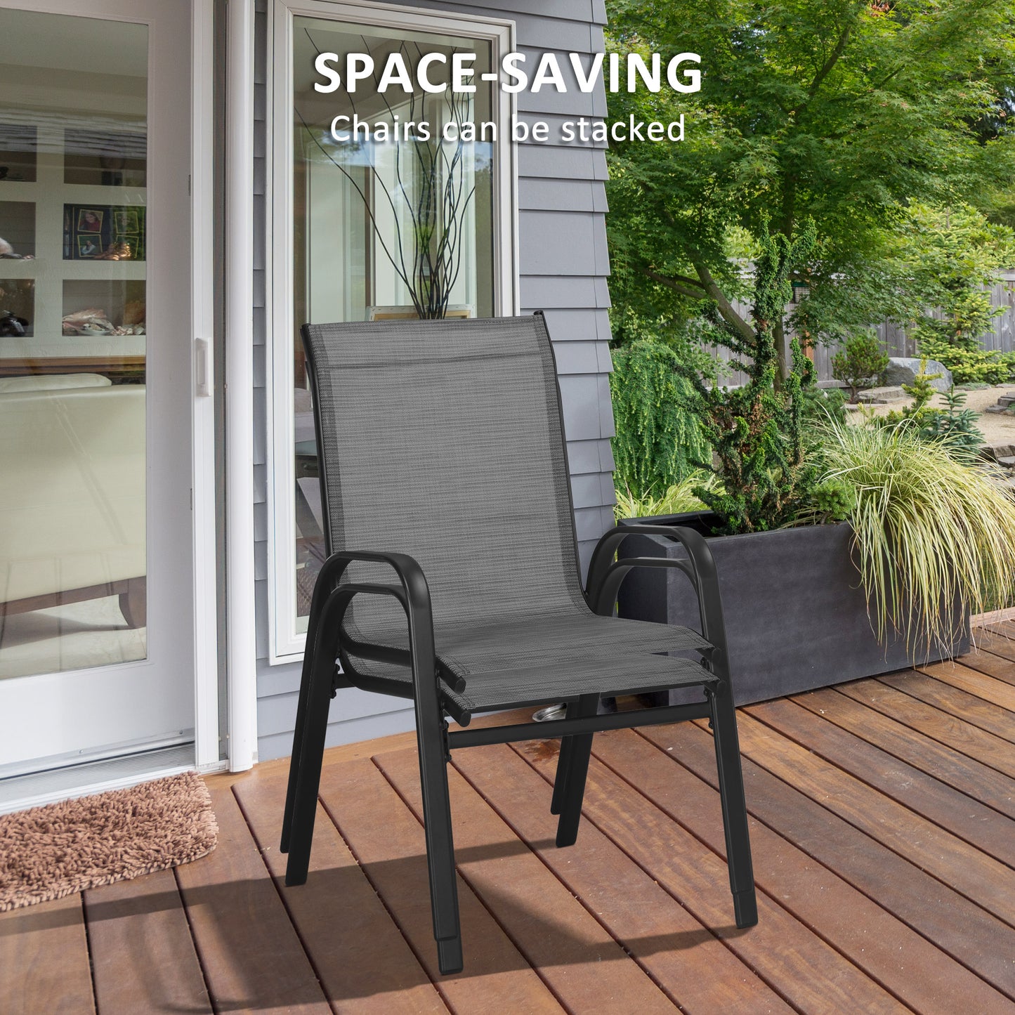 Outsunny 3 Piece Outdoor Bistro Set, Patio Stackable Armchairs with Breathable Mesh Fabric and SPC Board Coffee Table, Light Grey