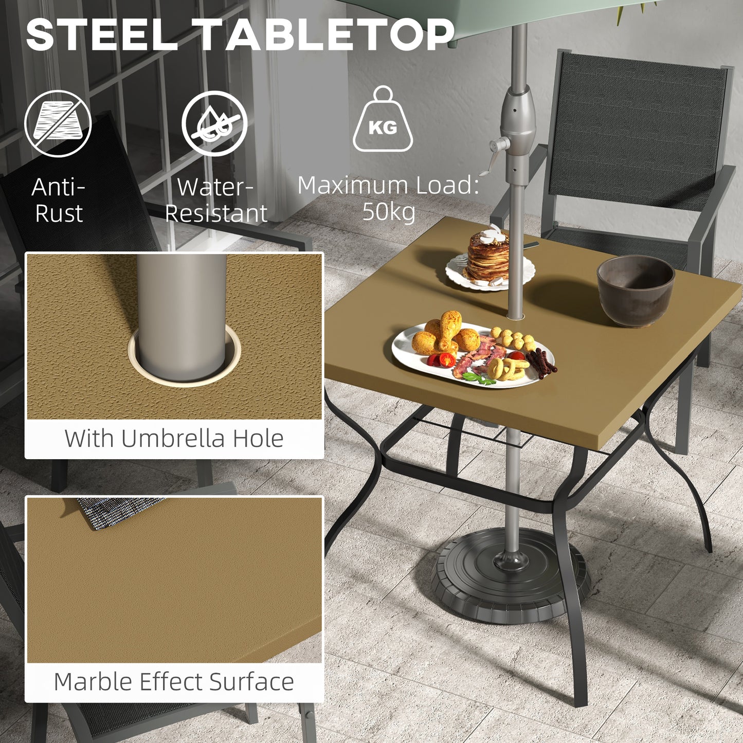 Outsunny Dia. 80cm Square Garden Dining Table with Umbrella Hole, Outdoor Dining Table with Marble Effect Top for 4 People, Black/Brown