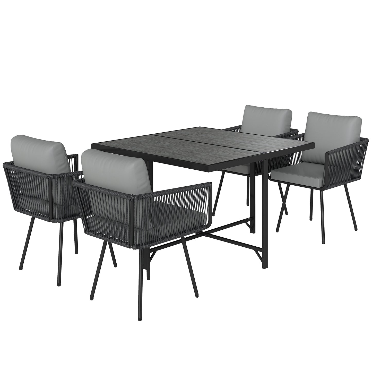 5-Piece Rattan Garden Dining Set | PS Wood-Plastic Table 110x110cm | 4 PE Rattan Armchairs | Thick Cushions | Zip Covers | Powder-Coated Metal Frame | Adjustable Feet | 120kg Chair Capacity | Light Grey