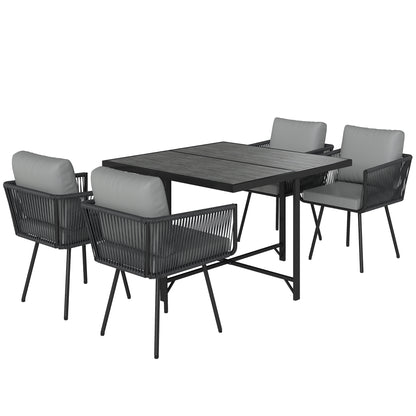 5-Piece Rattan Garden Dining Set | PS Wood-Plastic Table 110x110cm | 4 PE Rattan Armchairs | Thick Cushions | Zip Covers | Powder-Coated Metal Frame | Adjustable Feet | 120kg Chair Capacity | Light Grey