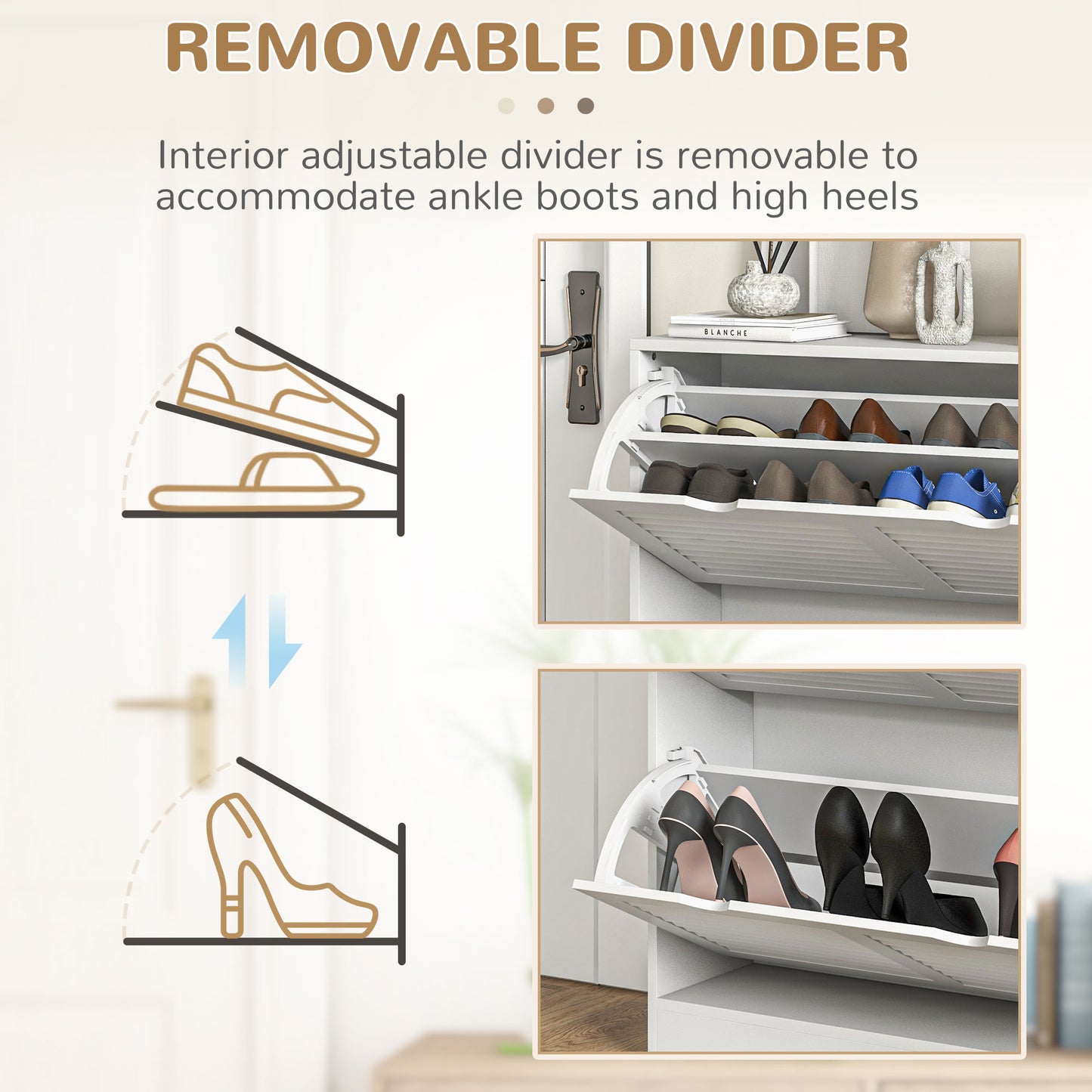 2 Drawers Entryway Shoe Cabinet, Narrow Storage Cabinet W/ 2 Flip Drawers, Louvred Door Design & Adjustable Shelves for 16 Pairs - White