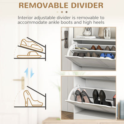 2 Drawers Entryway Shoe Cabinet, Narrow Storage Cabinet W/ 2 Flip Drawers, Louvred Door Design & Adjustable Shelves for 16 Pairs - White
