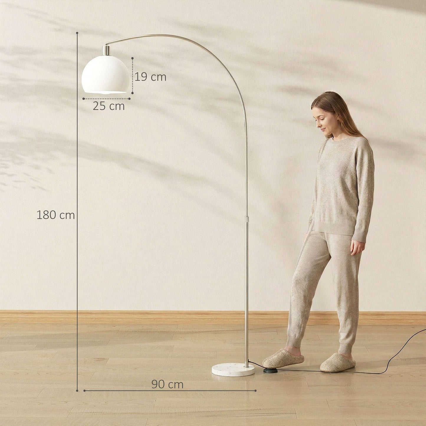 Floor Lamp | Curved Head | Round Shade | Marble Base | Electroplated Nickel Finish | E27 | Foot Switch | 180cm | 40W | White