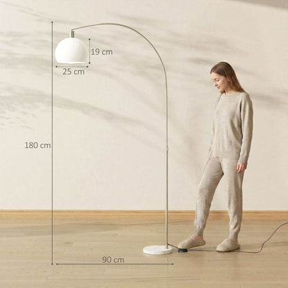 Floor Lamp | Curved Head | Round Shade | Marble Base | Electroplated Nickel Finish | E27 | Foot Switch | 180cm | 40W | White
