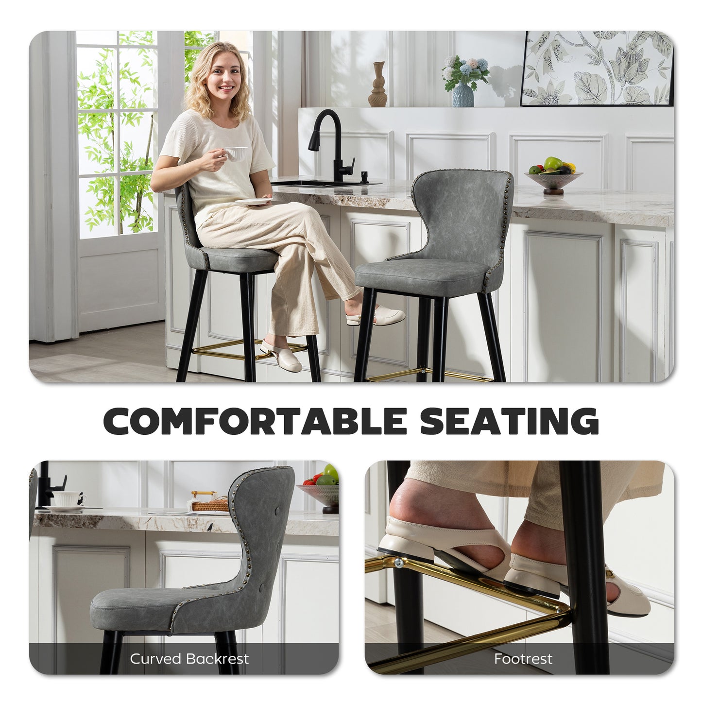 Bar Stools Set of 2, PU Leather Barstools with Back, Footrest and Wood Legs for Kitchen, Counter, Breakfast Bar, Grey