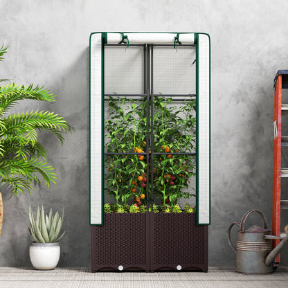 Raised Garden Bed with Trellis, Plastic Planter Box with Drainage Holes and Drain Plugs for Climbing Plants, Vegetables, Flowers