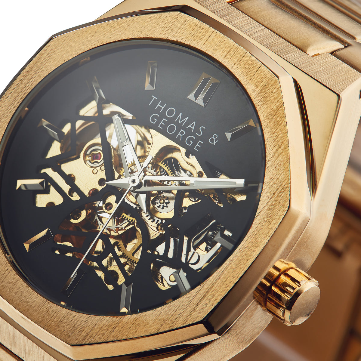 Thomas & George London Gold Edition Automatic Skeleton Watch | 41.3mm Octagonal Gold-Tone Alloy Case & Stainless Steel Bracelet | Optional Luxury Box