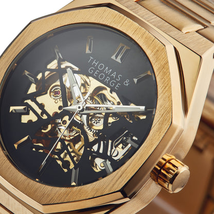Thomas & George London Gold Edition Automatic Skeleton Watch | 41.3mm Octagonal Gold-Tone Alloy Case & Stainless Steel Bracelet | Optional Luxury Box