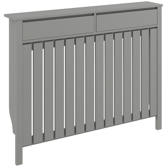 MDF & Particle Board Radiator Cover with 2 Drawers | Vertical Slats | Flat Top Display Surface | Wall Mountable | Pre-Cut Outs | 18kg Capacity | 119x19x93cm | Grey