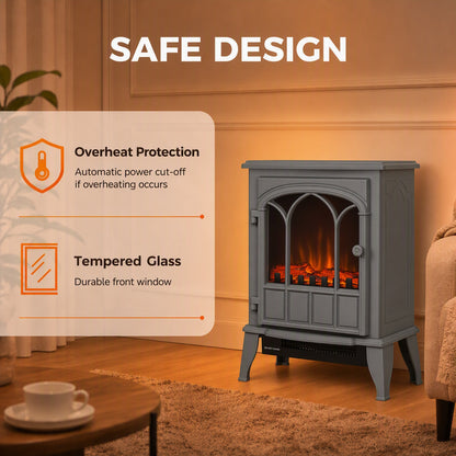 Freestanding Electric Fireplace Log Burner | 1000W/2000W Dual Heat | Stepless LED Flame Effect | Stepless Thermostat | Forced-Air Fan | Thermal Cut-Off | ERP Compliant | 39x23x56.5cm | Grey