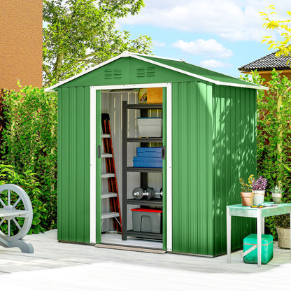 Galvanised Steel Garden Storage Shed | Double Sliding Lockable Door | 4 Vents | Sloped Roof | Steel Tile Roof & Walls | 194x107x191cm | 1.8m² | Green