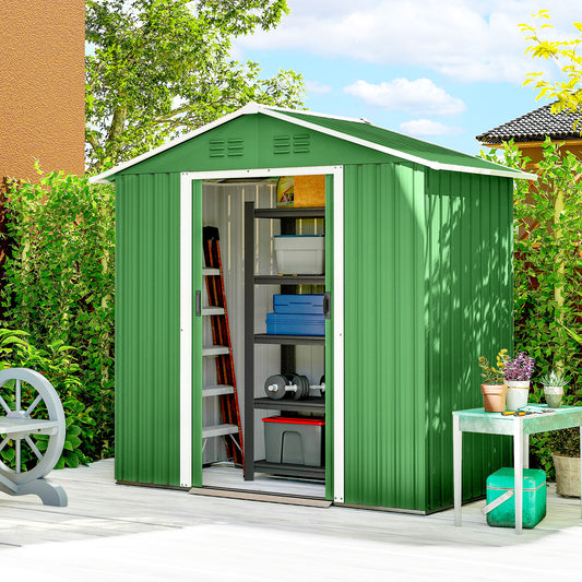 Galvanised Steel Garden Storage Shed | Double Sliding Lockable Door | 4 Vents | Sloped Roof | Steel Tile Roof & Walls | 194x107x191cm | 1.8m² | Green