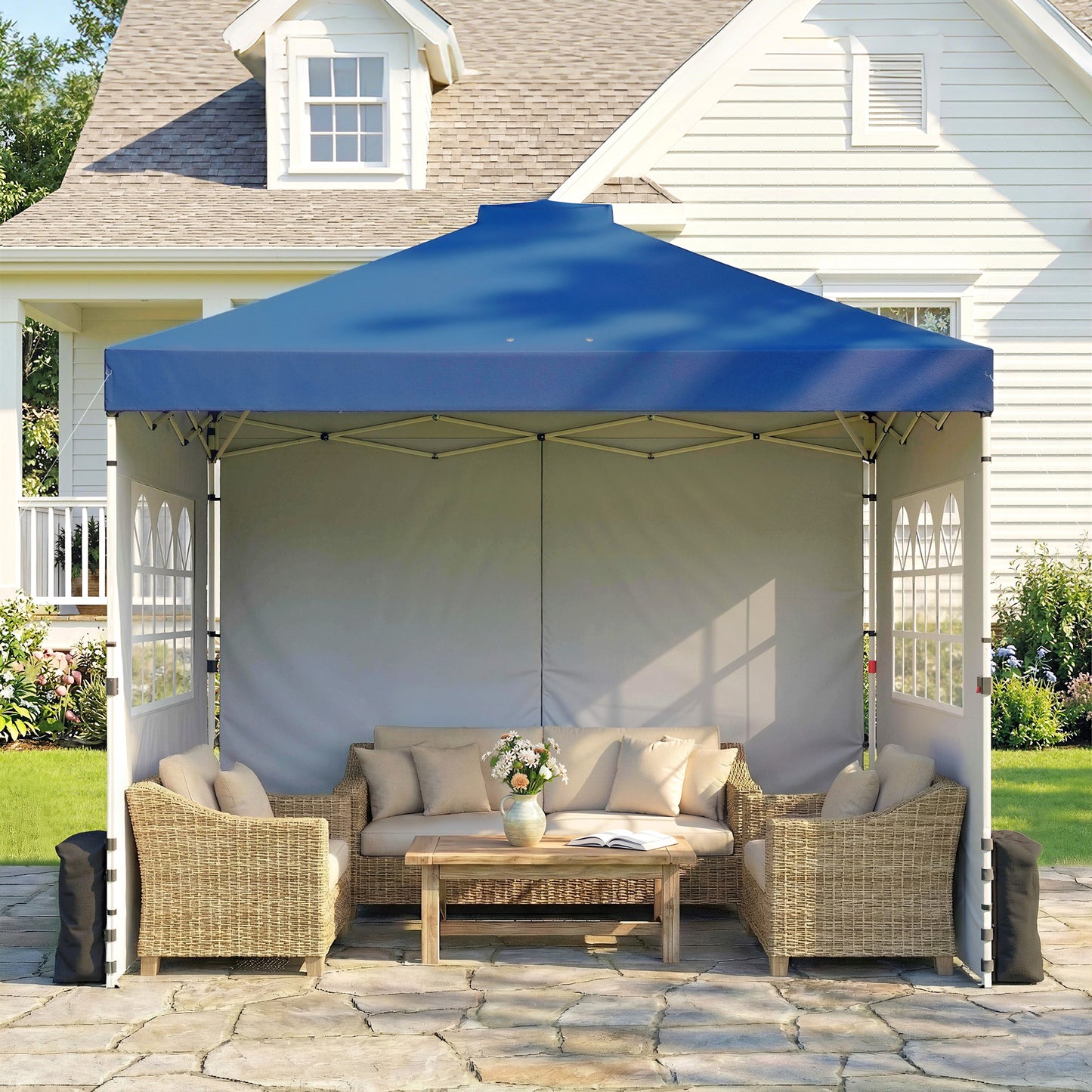 3x3m Pop Up Gazebo | UPF50+ Waterproof 210D Oxford | 3 Sidewalls | 2 Church Windows | 3 Height Settings | Wheeled Bag | Wind Level 4-6 | Dark Blue
