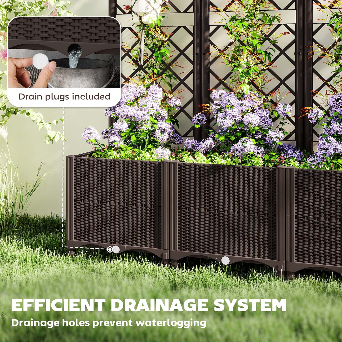 Large PP Raised Garden Bed with Trellis | 8 Drainage Holes & Drain Plugs | 75kg Capacity | 120x40x140cm | Indoor & Outdoor | Climbing Plants Veg & Flowers | Brown
