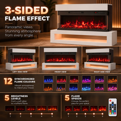 110cm Three-Sided Electric Fireplace Suite | 900/1800W, 12 Flame Colours & LED Shelf | Wall Mounted or Freestanding, Remote & Timer | White