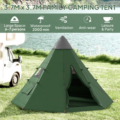 Outsunny 6 Men Tipi Tent with Carry Bag - Green / Orange
