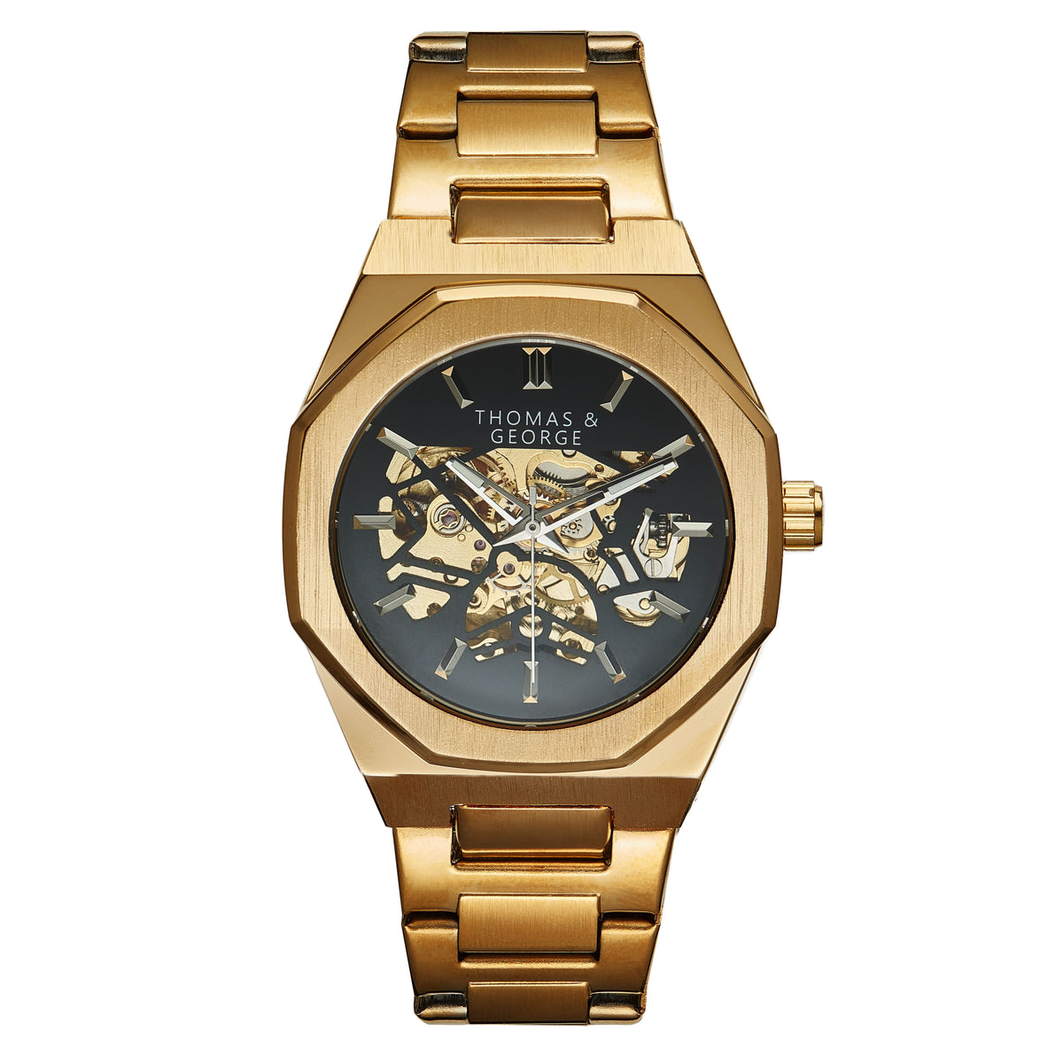 Thomas & George London Gold Edition Automatic Skeleton Watch | 41.3mm Octagonal Gold-Tone Alloy Case & Stainless Steel Bracelet | Optional Luxury Box