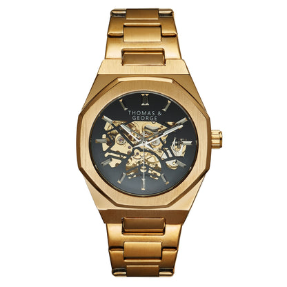 Thomas & George London Gold Edition Automatic Skeleton Watch | 41.3mm Octagonal Gold-Tone Alloy Case & Stainless Steel Bracelet | Optional Luxury Box