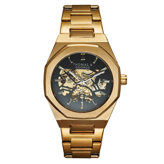Thomas & George London Gold Edition Automatic Skeleton Watch | 41.3mm Octagonal Gold-Tone Alloy Case & Stainless Steel Bracelet | Optional Luxury Box