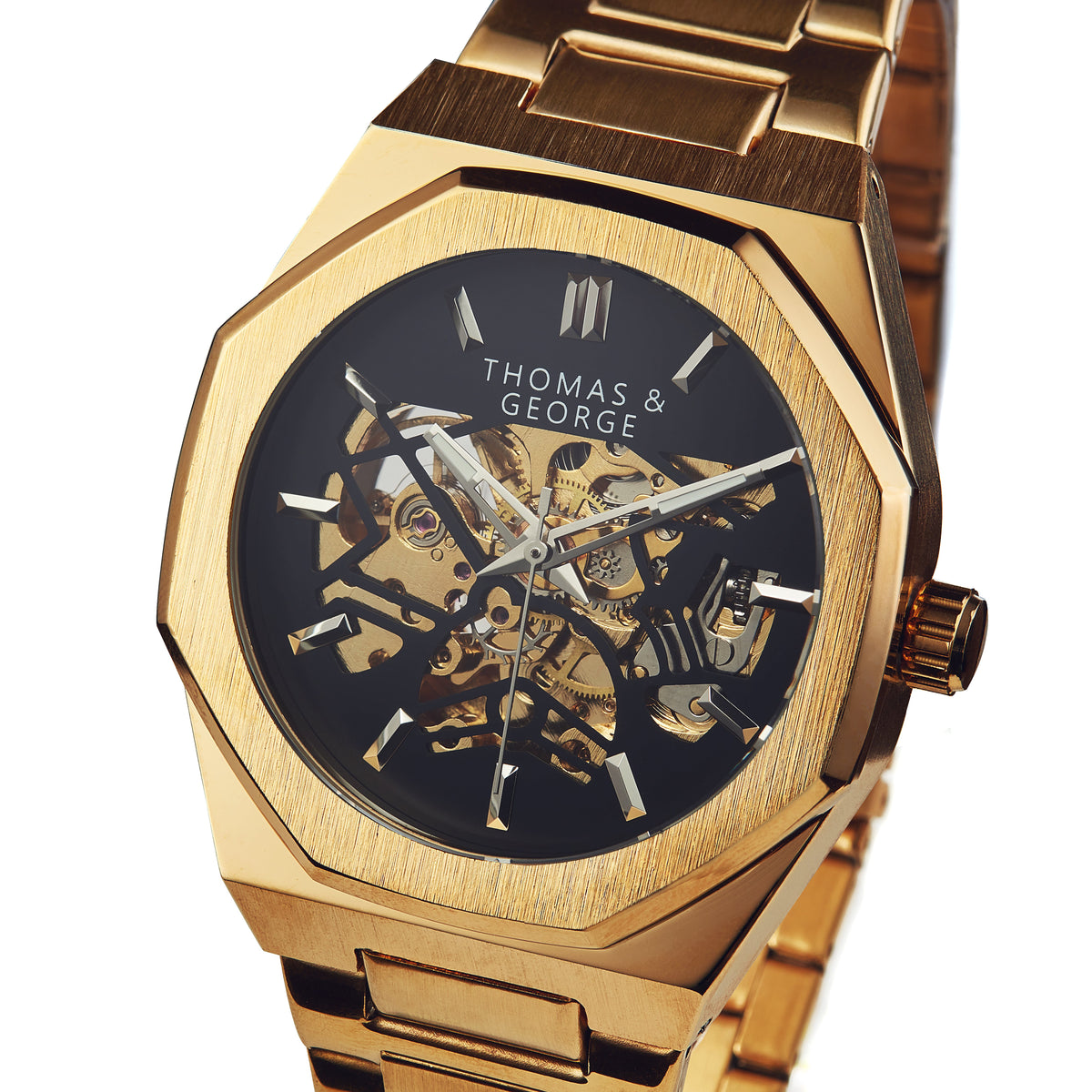 Thomas & George London Gold Edition Automatic Skeleton Watch | 41.3mm Octagonal Gold-Tone Alloy Case & Stainless Steel Bracelet | Optional Luxury Box