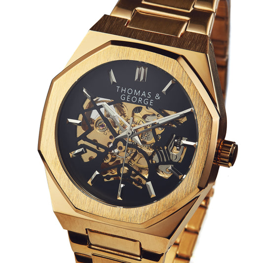 Thomas & George London Gold Edition Automatic Skeleton Watch | 41.3mm Octagonal Gold-Tone Alloy Case & Stainless Steel Bracelet | Optional Luxury Box