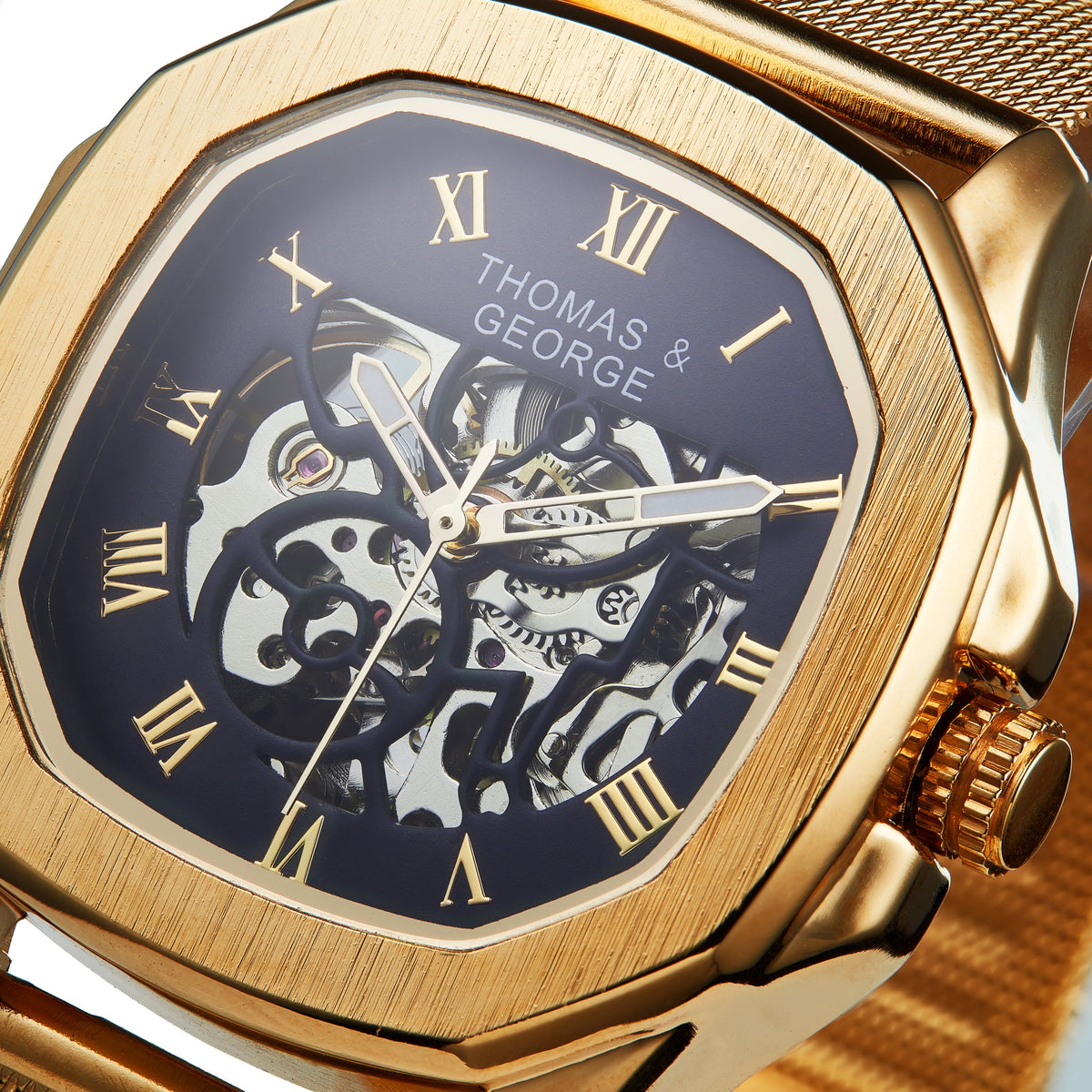 Thomas & George Berlin Gold Edition Automatic Skeleton Watch | Cushion-Shaped Gold-Tone Alloy Case & Roman Numeral Dial | Stainless Steel Mesh Strap