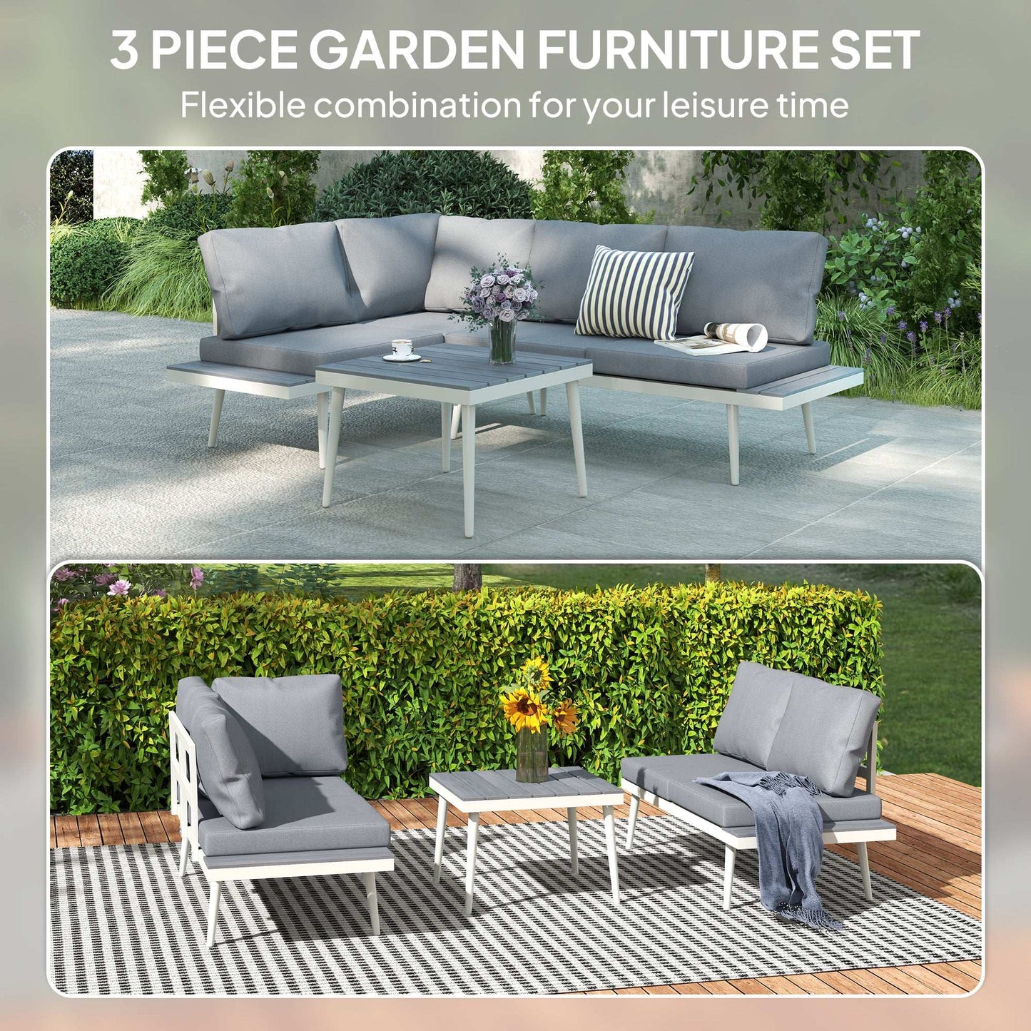 Outsunny 3 Piece Garden Furniture L Shaped Garden Corner Sofa with Cushions, Mesh Seat, Wood-Grain Table, Outdoor Furniture Set , Grey