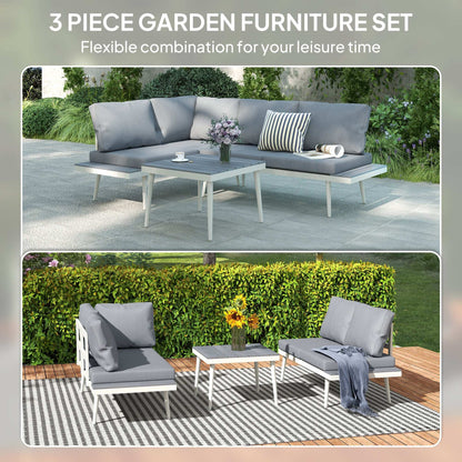 Outsunny 3 Piece Garden Furniture L Shaped Garden Corner Sofa with Cushions, Mesh Seat, Wood-Grain Table, Outdoor Furniture Set , Grey