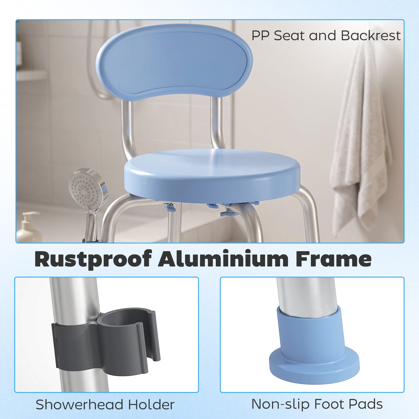 360° Swivel Shower Stool | Aluminium Frame | 5-Level Adjustable Height 63–75cm | Backrest | Non-Slip | 136kg | Shower Head Holder | Light Blue