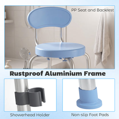 360° Swivel Shower Stool | Aluminium Frame | 5-Level Adjustable Height 63–75cm | Backrest | Non-Slip | 136kg | Shower Head Holder | Light Blue