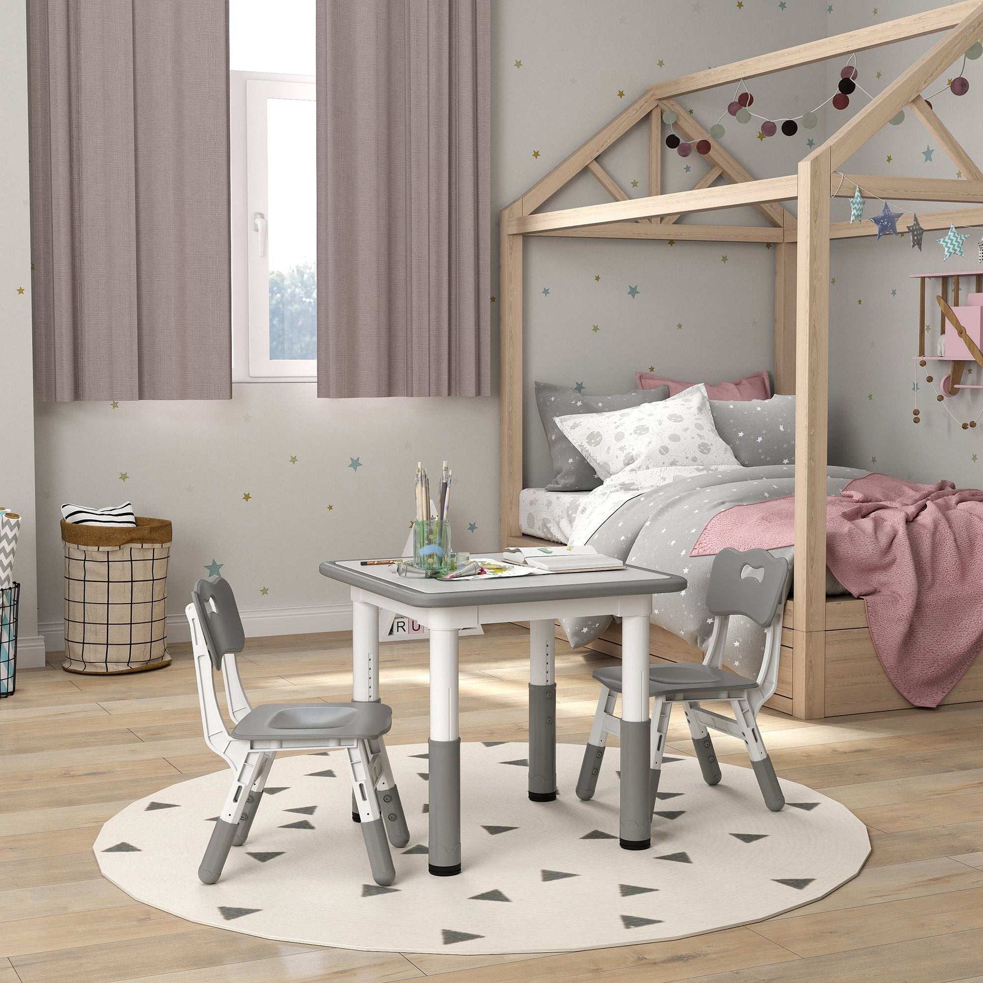 AIYAPLAY Height Adjustable Toddler Table and Chair Set, 3 Pcs Children Activity Table w/ 2 Chairs, for Playroom, Bedroom - Grey / Pink