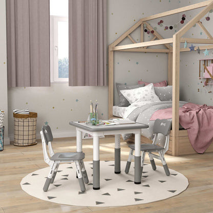 AIYAPLAY Height Adjustable Toddler Table and Chair Set, 3 Pcs Children Activity Table w/ 2 Chairs, for Playroom, Bedroom - Grey / Pink