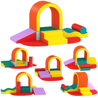 10-Piece Kids Soft Play Set | PU Leather & EPE Foam | Climbing Blocks | Anti-Slip Hook-and-Loop Pads | 90kg Capacity | EN71 Certified | Ages 12-36 Months | 152x82x70cm | Multicolour