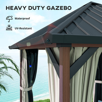 3 x 3(m) Hardtop Garden Gazebo W/ Galvanised Steel Roof & Water Gutter, Waterproof Permanent Pavilion for Patio, Deck, Walnut Wood Finish