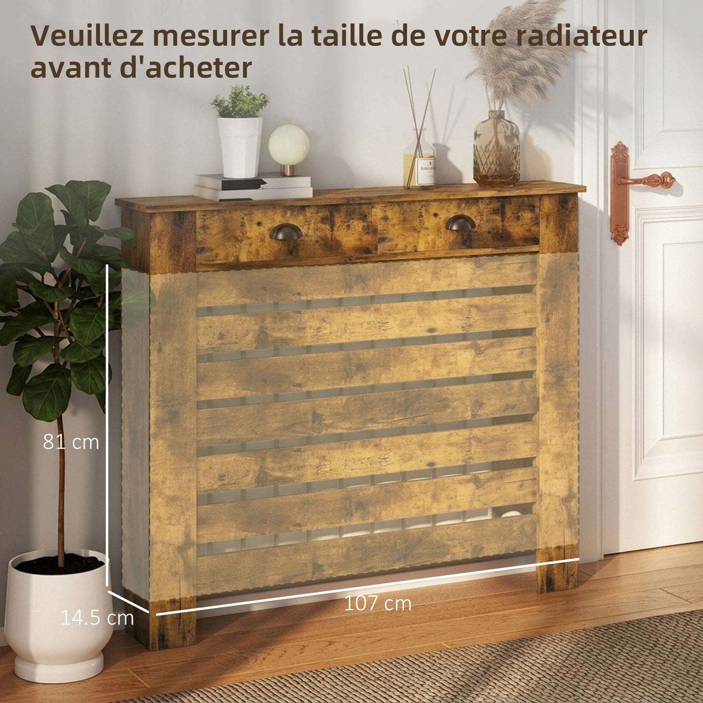 MDF & Particle Board Radiator Cover with 2 Drawers | Slatted Design | Skirting Board Cut-Outs | Easy-Fix Clips | Wood-Effect Top | 5kg Per Drawer | 111x19x95.5cm | Rustic Brown
