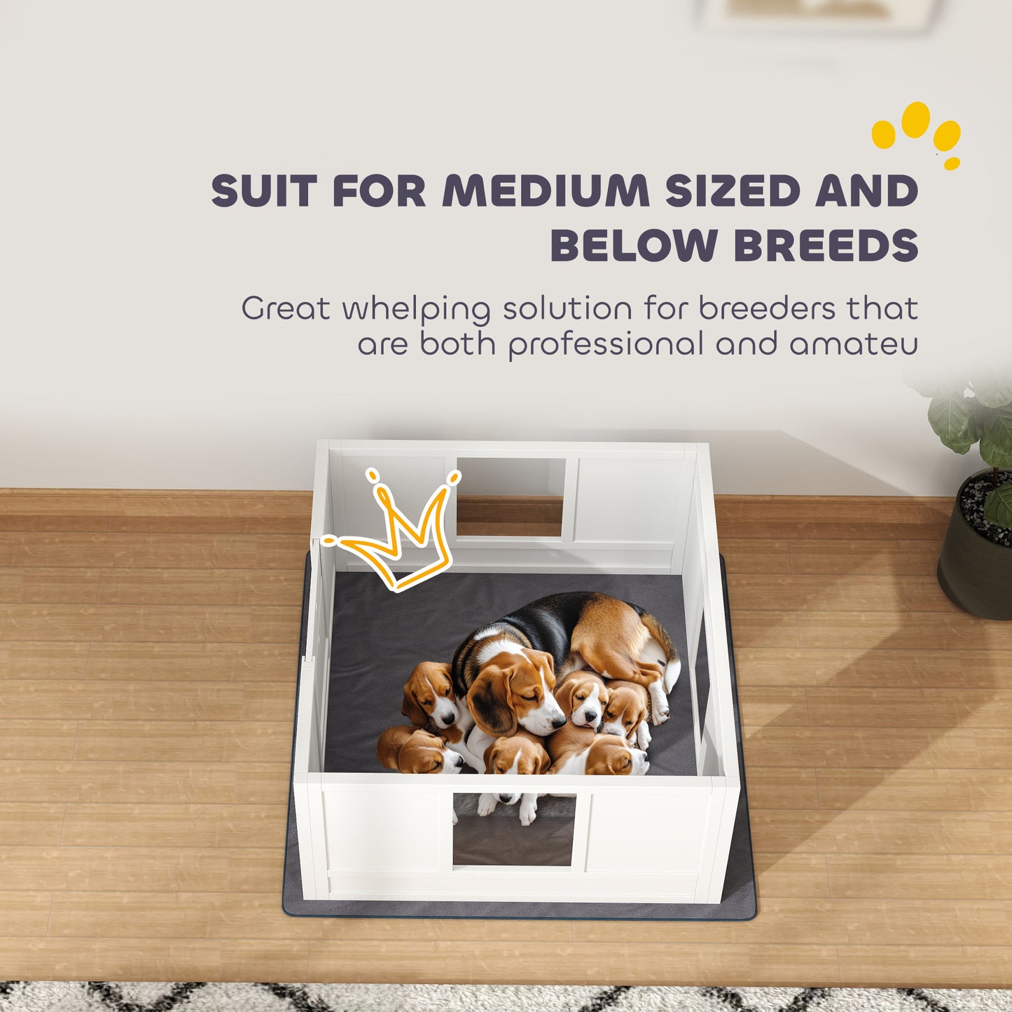 PawHut Whelping Box for Dogs with Whelping Pad, Adjustable Entrance, Non-slip Foot Pads, for Medium Dogs, 100 x 96cm