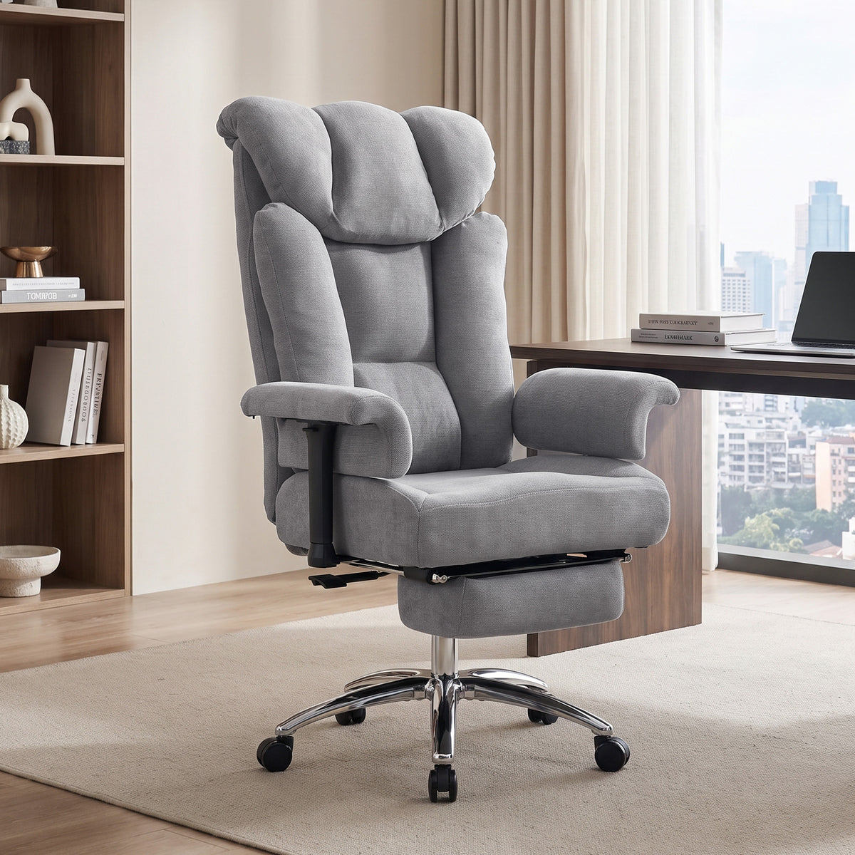 Big & Tall Massage Office Chair | 250kg Capacity, Lumbar Heat & 135° Recline | Adjustable Arms, Footrest & Linen-Look Fabric | Grey
