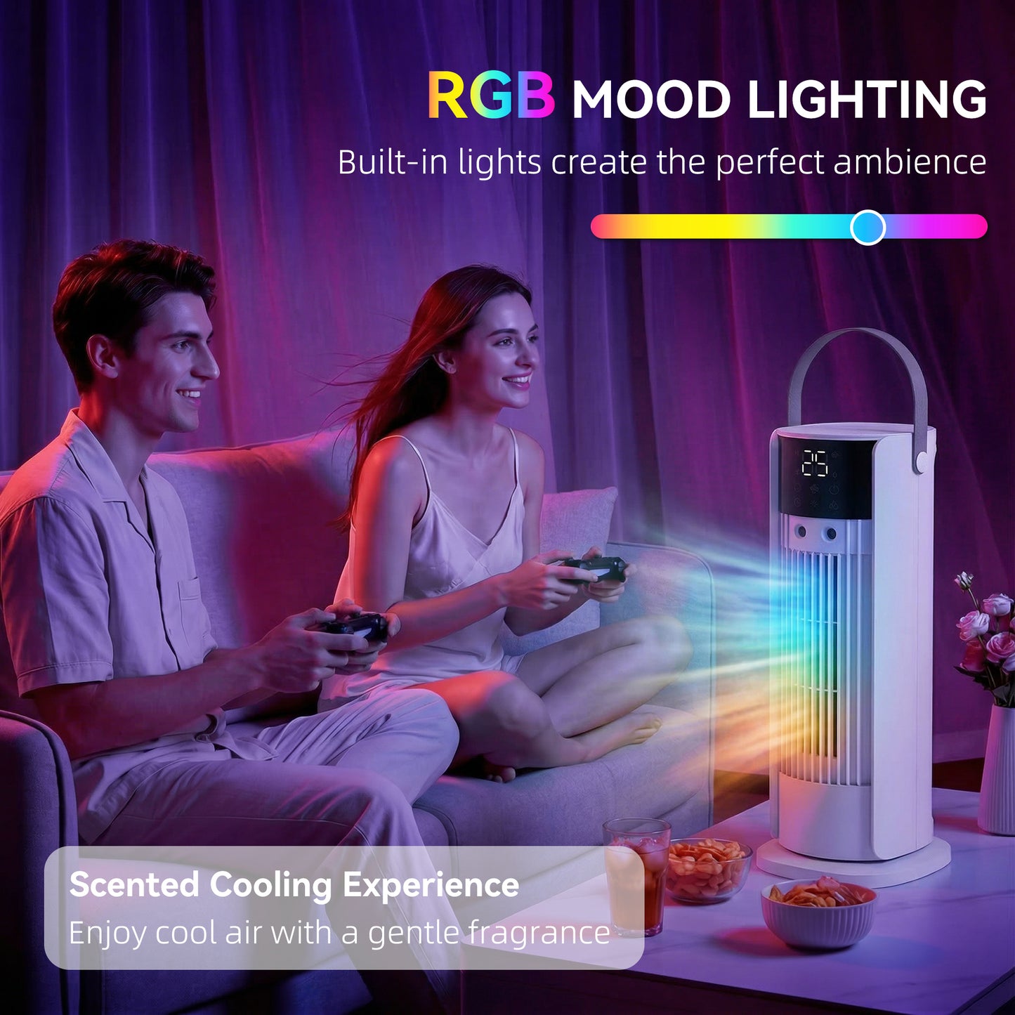 Tower Fan for Bedroom, 16 Inch Mist Desktop Fan with RGB Lights, 3 Speeds, 90° Oscillation, 10H Timer, for Home Office