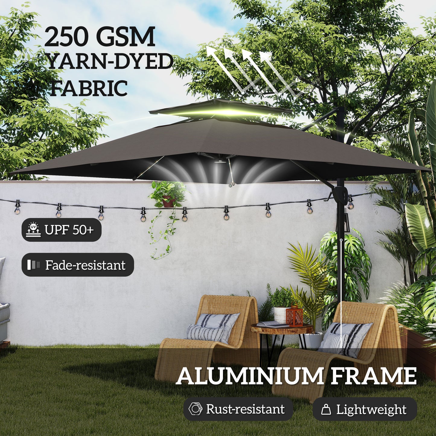 Outsunny 3.5x3 m Garden Cantilever Parasol with Solar LED Lights and Centre Light, Aluminium Large Square Patio Umbrella, UPF50+ Hanging Sun Shade with Cross Base